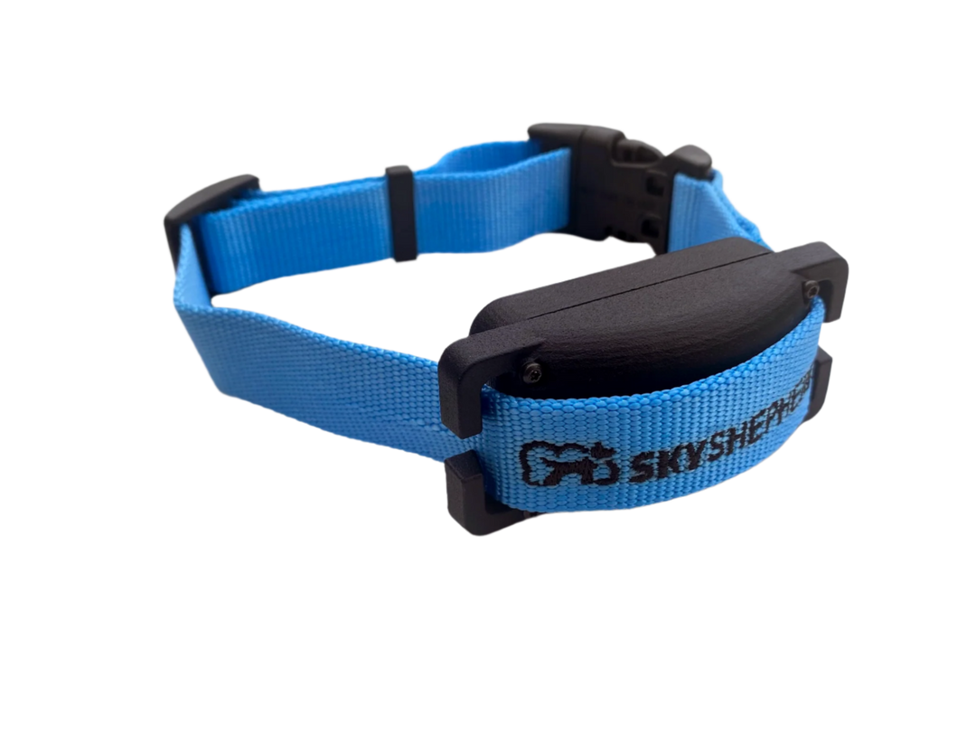 The black plastic SkyShepherd GPS collar unit is shown from a three-quarters oblique angle from the right front. The branded SkyShepherd light blue collar strap is attached to the collar unit through the integrated brackets on either end of the collar unit. The black SkyShepherd logo, including the dog-in-cloud portion, is visible to the viewer, embroidered in the SkyShepherd blue nylon collar strap.