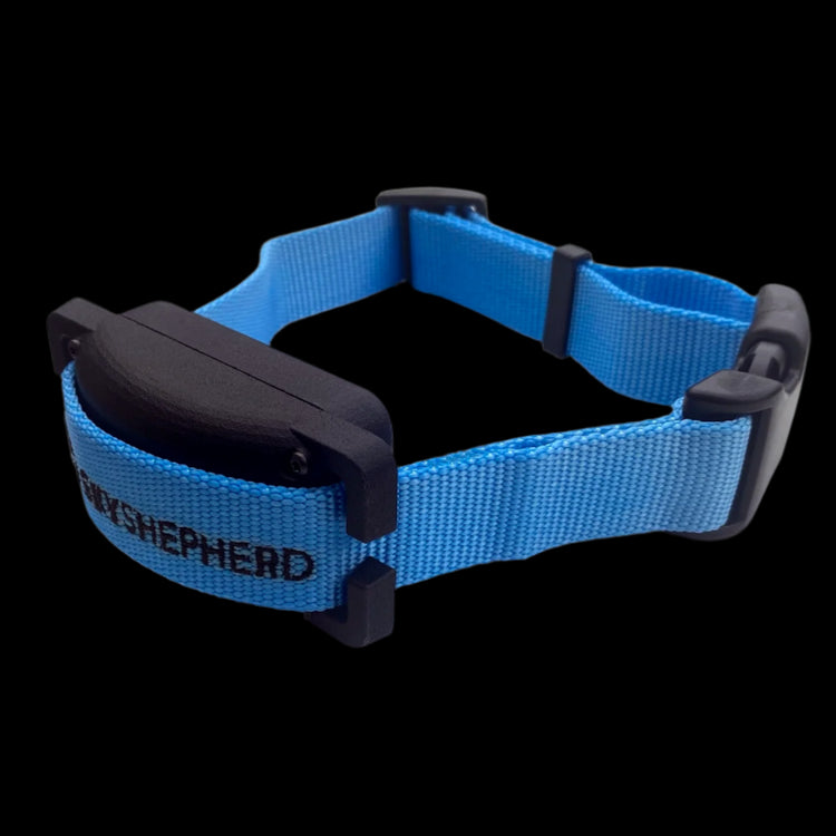 The black plastic SkyShepherd collar unit at a three-quarter aspect from the front. The SkyShepherd blue collar strap is attached through the integrated brackets of the collar unit. The black SkyShepherd logo is embroidered on the collar strap, and is partially visible to the viewer. The collar strat is clasped with a black plastic pinch buckle that is typical of nylon collar straps.